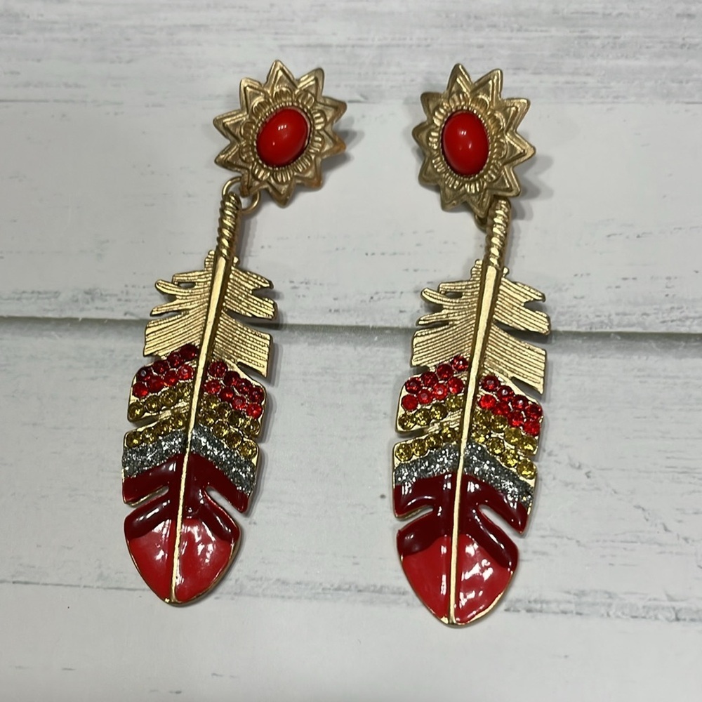 Stylish Red And Rhinestone Feather Gold Drop Earrings - Picture 10 of 14